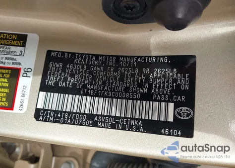 2012 Toyota Camry Le from USA, damaged, VIN 4T1BF1FK9CU008550